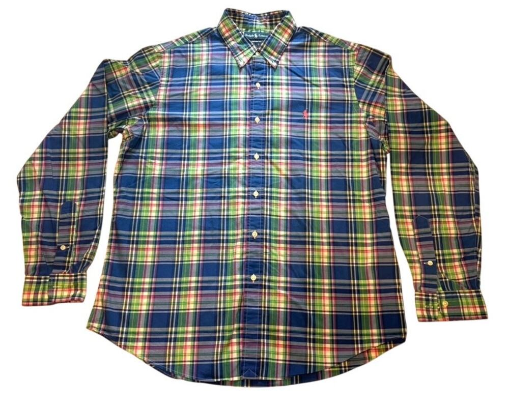 Polo Ralph Lauren Custom Fit Shirt Mens XL Blue Plaid Button Front Cotton